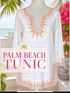 Lilly Pulitzer Embroidered Palm Beach Tunic Top White Pink Green Gold Small